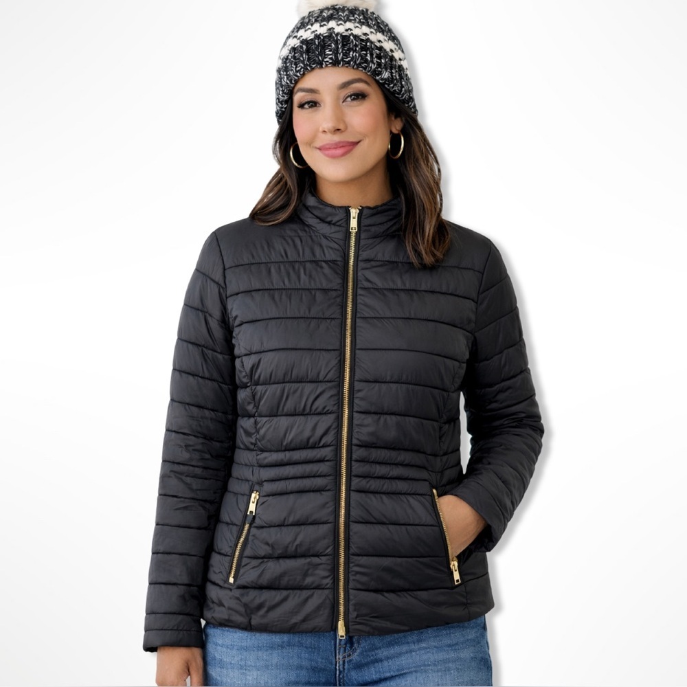 Collection Pimkie Black Nylon Puffer Jacket with Gold Zippers Size Large - Picture 11 of 11